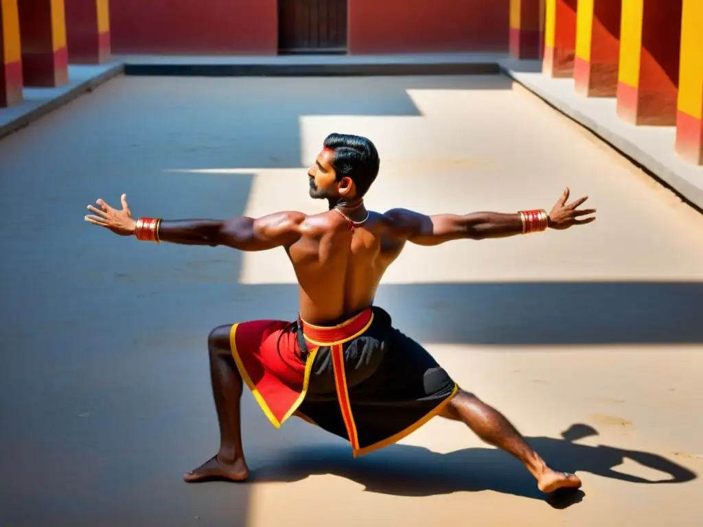 Un practicante de Kalaripayattu realiza movimientos ágiles en un patio soleado, mostrando la disciplina y tradición de este arte marcial centenario