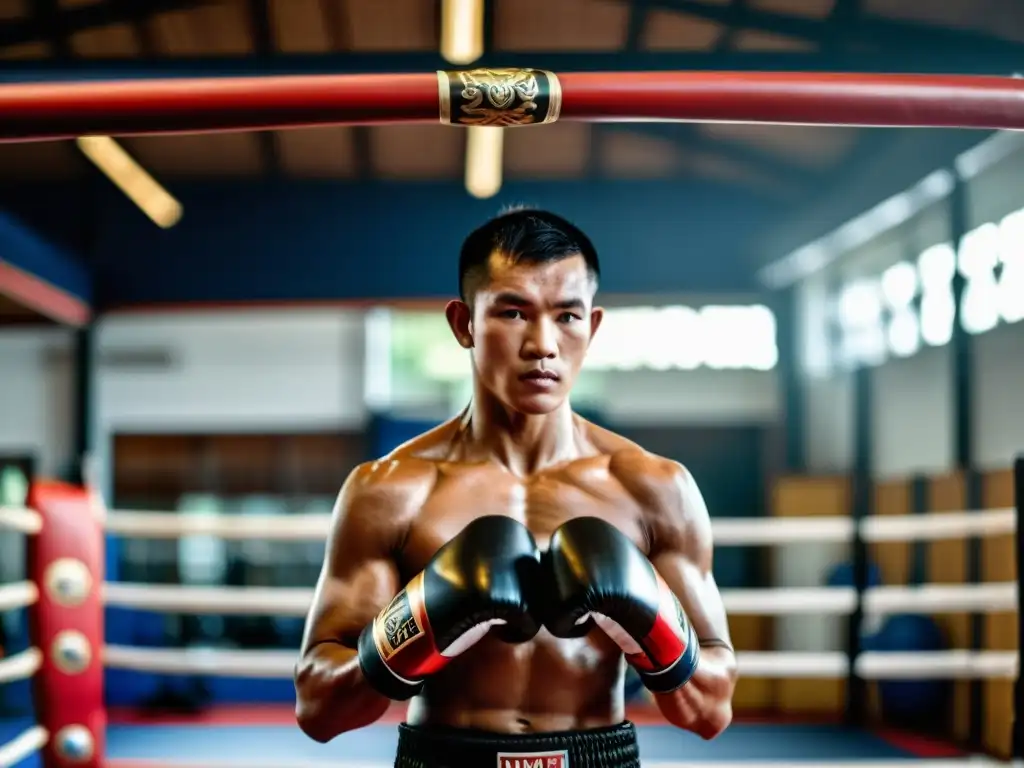 Un practicante de Muay Thai en un gimnasio tradicional tailandés, demostrando técnicas avanzadas de respiración