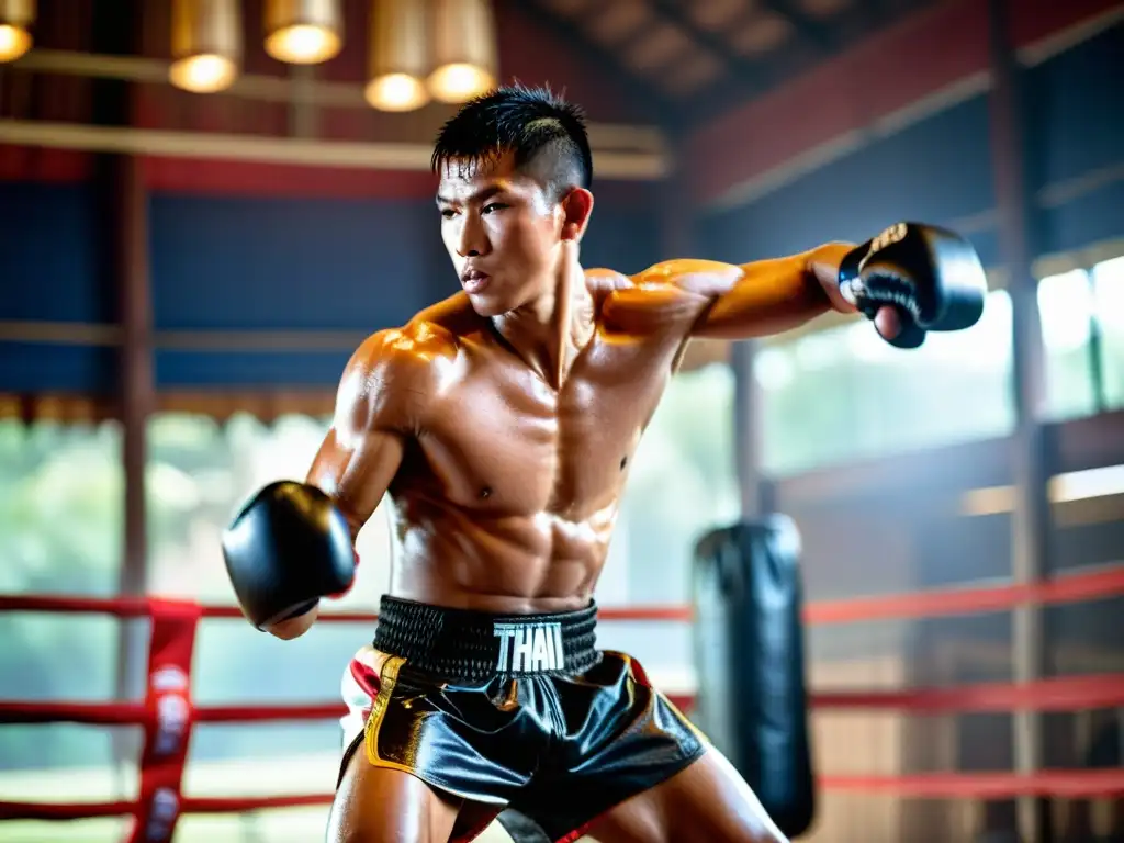 Un practicante de Muay Thai realiza una patada circular con intensidad, en un campamento de entrenamiento