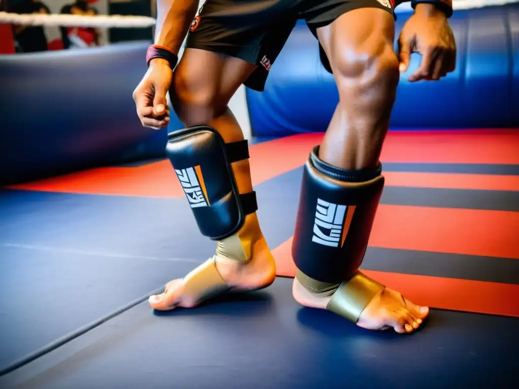 Un practicante de Muay Thai usando los mejores shin guards para Muay Thai, con determinación en su rostro