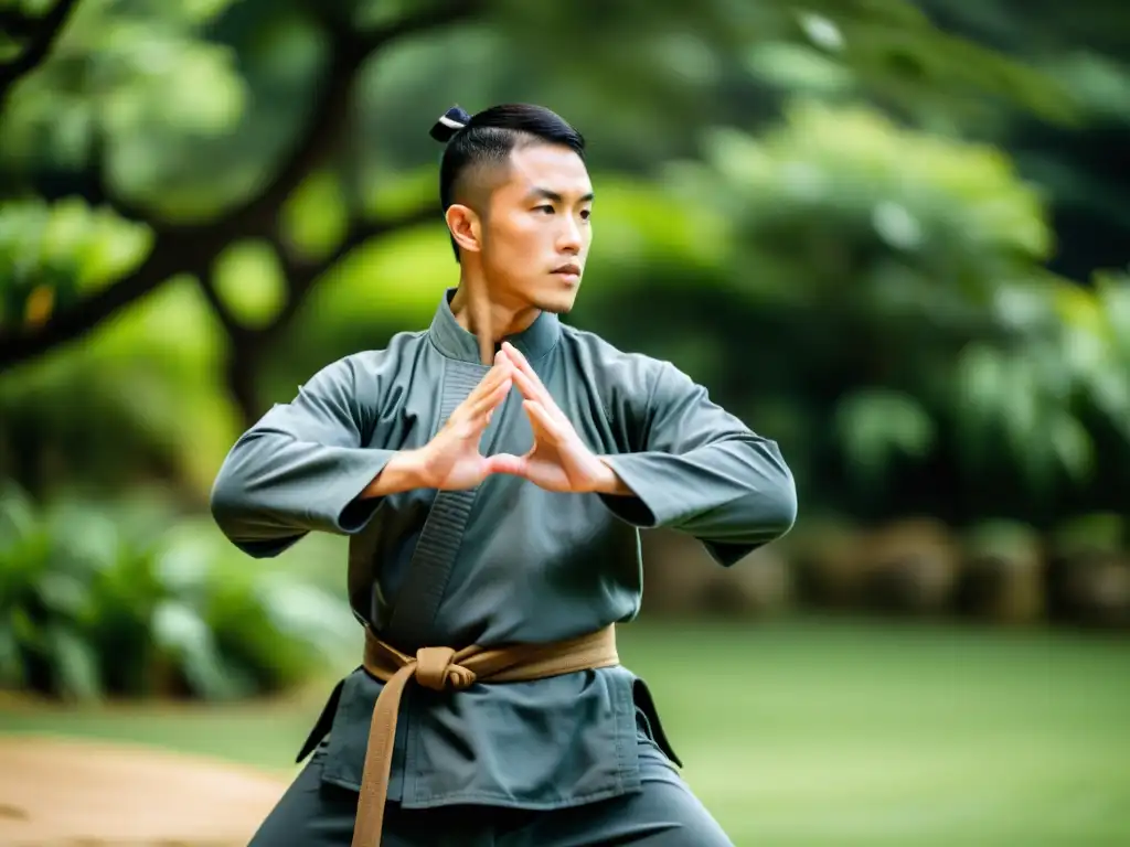 Practicante de Kung Fu en la naturaleza, reflejando concentración y fuerza