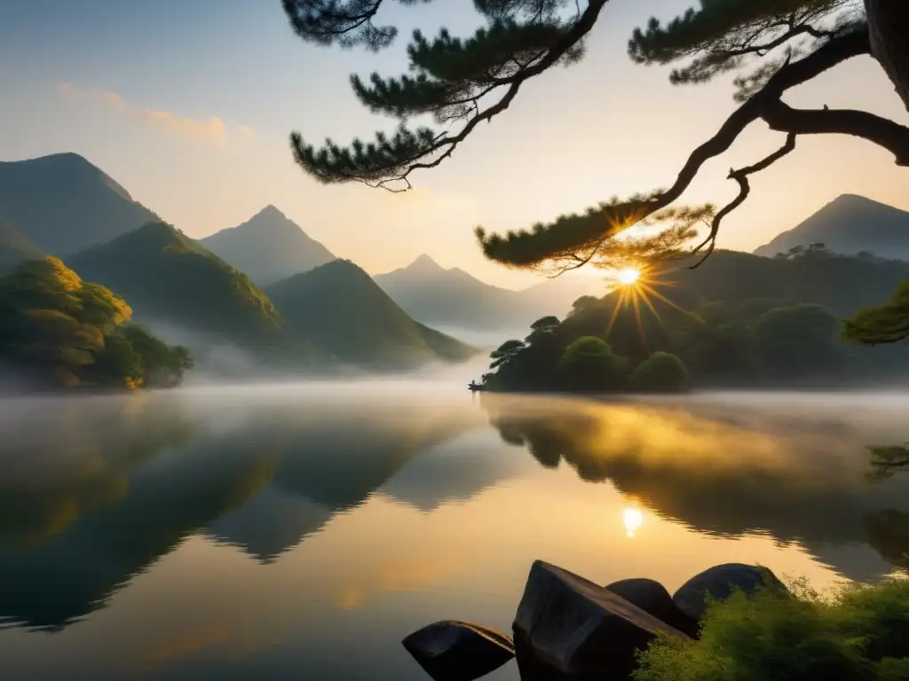 Practicante de Tai Chi en paisaje montañoso con la filosofía Yin Yang en Kung Fu