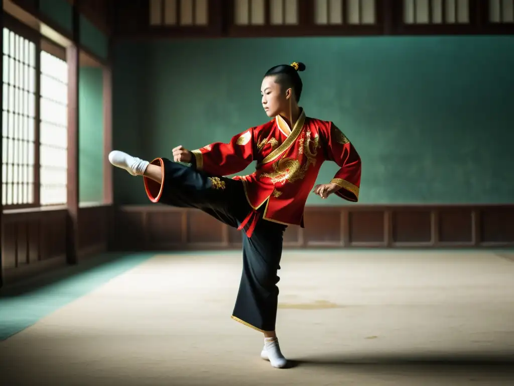 Un practicante de wushu ejecuta una patada en el aire con estética marcial en un salón de entrenamiento atmosférico con iluminación dramática