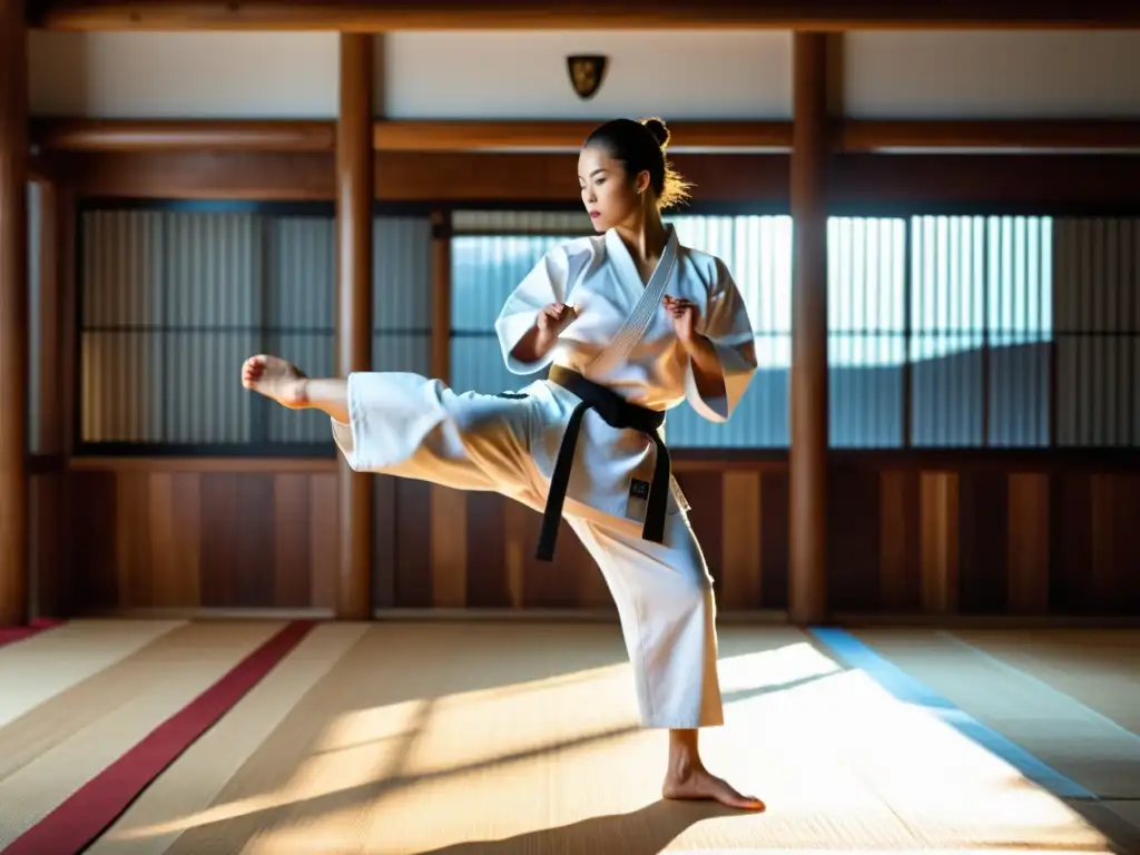 Un practicante de karate ejecuta una patada circular en un dojo tradicional, mostrando intensidad y disciplina