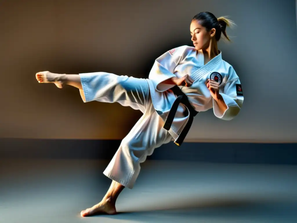 Un practicante de karate ejecuta una patada circular perfecta, mostrando fuerza, habilidad y concentración