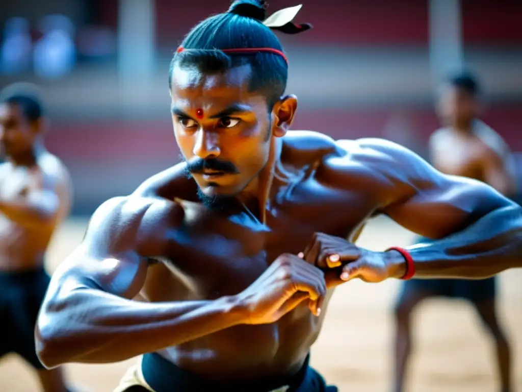 Un practicante de Kalaripayattu en Kerala realiza un poderoso golpe con una espada, mostrando intensidad y concentración