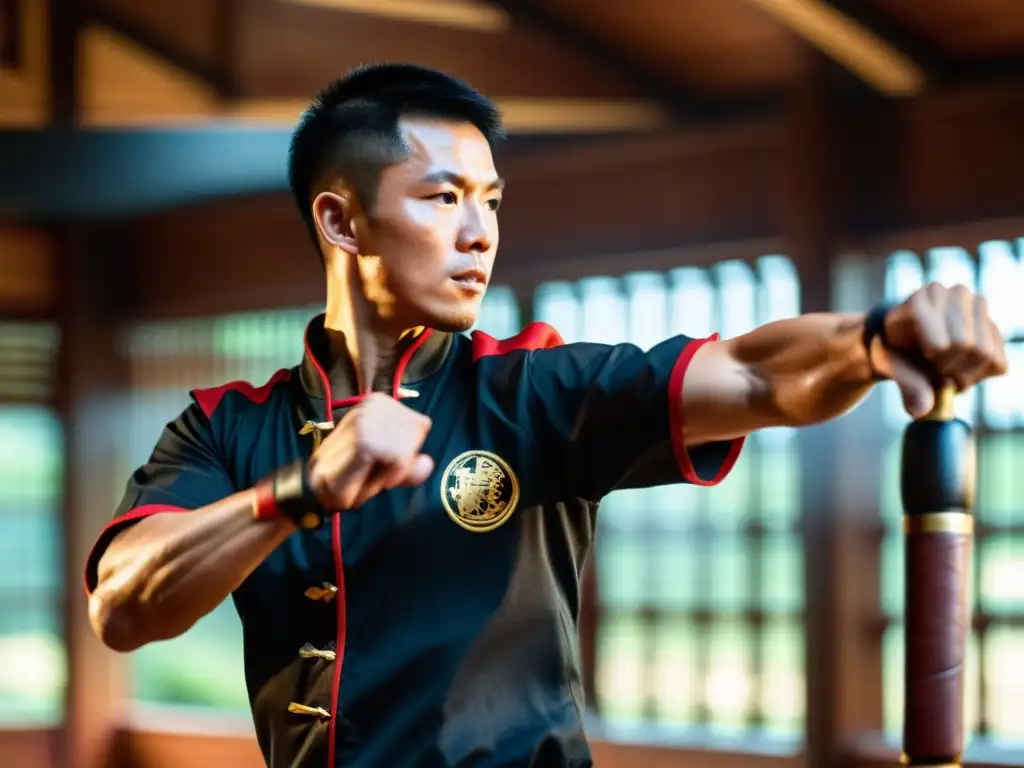 Un practicante de Wing Chun ejecuta un poderoso golpe con determinación y fuerza en un espacio de entrenamiento tradicional