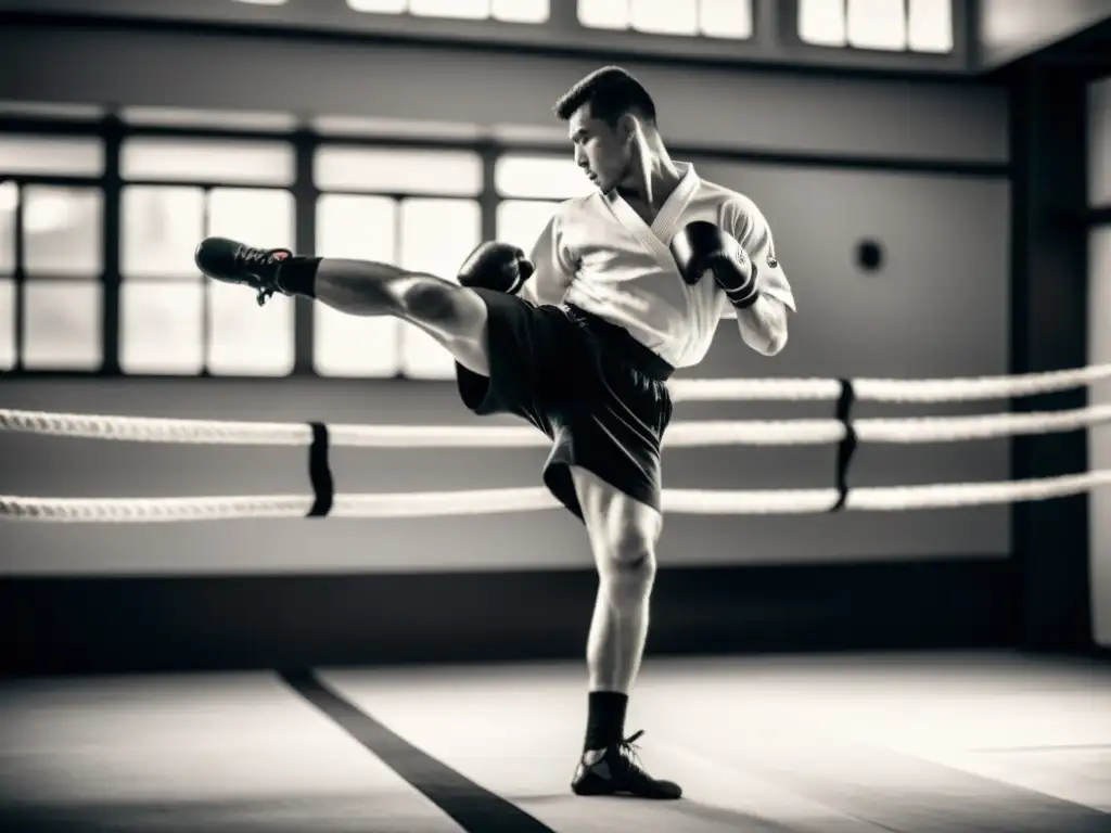 Un practicante hábil de Savate ejecuta un potente patada, mostrando la elegancia y fuerza de este arte marcial francés