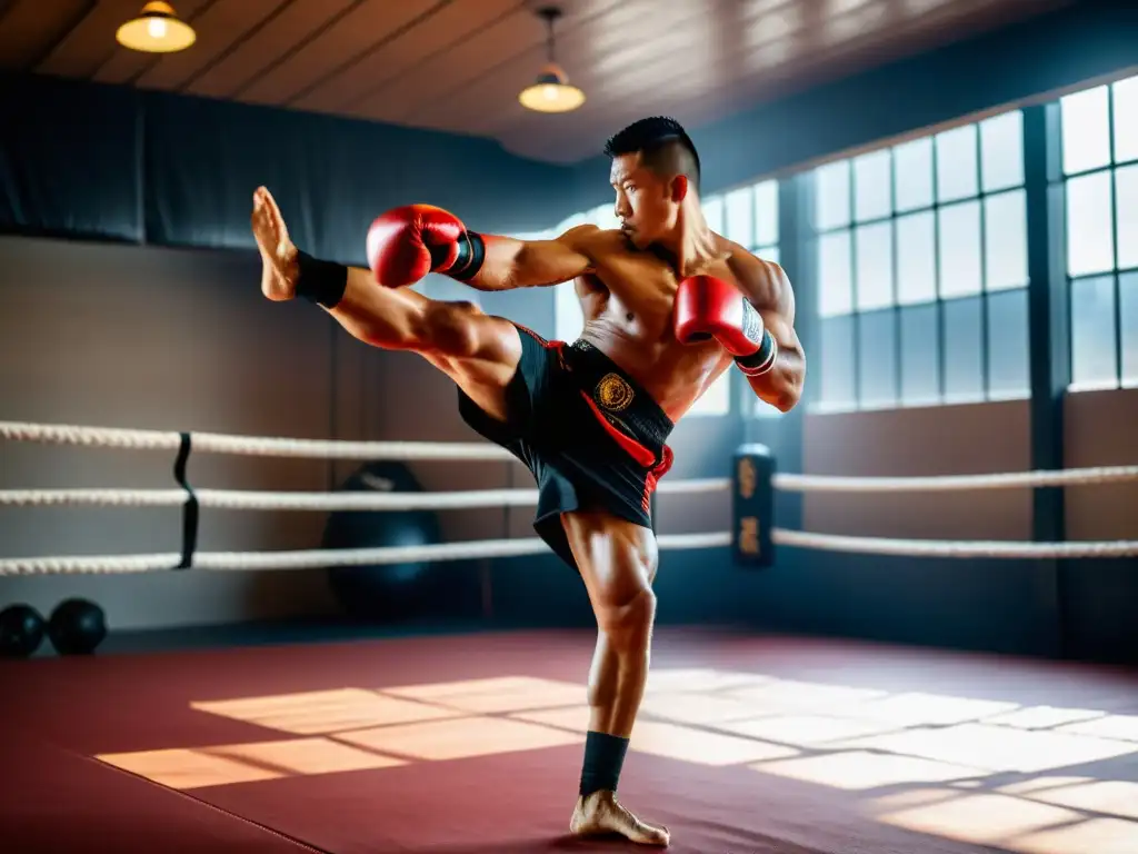 Un practicante hábil de Sanda ejecuta un potente roundhouse kick con determinación