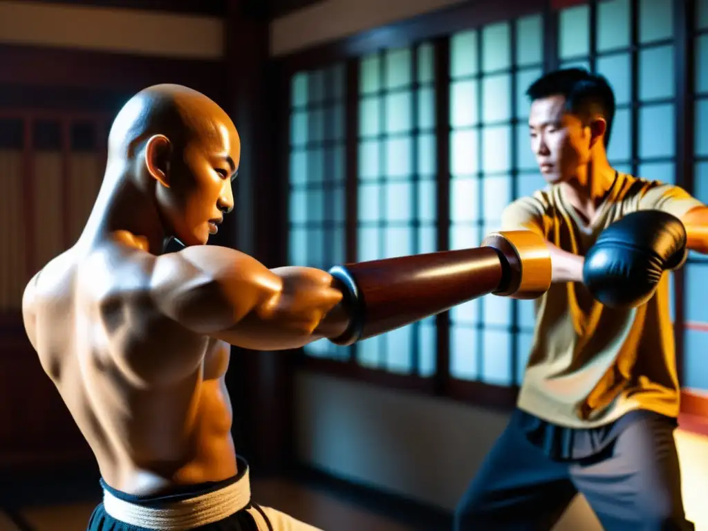 Un practicante ejecuta precisos golpes en un mook jong, evocando la historia y tradición del Wing Chun en Hong Kong