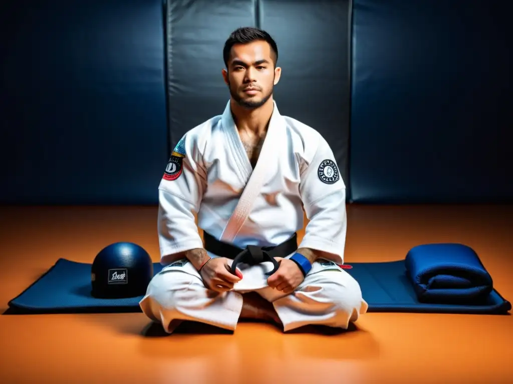 Un practicante de jiu jitsu con determinación, rodeado de apps para aprender jiu jitsu, en un dojo lleno de compañeros dedicados