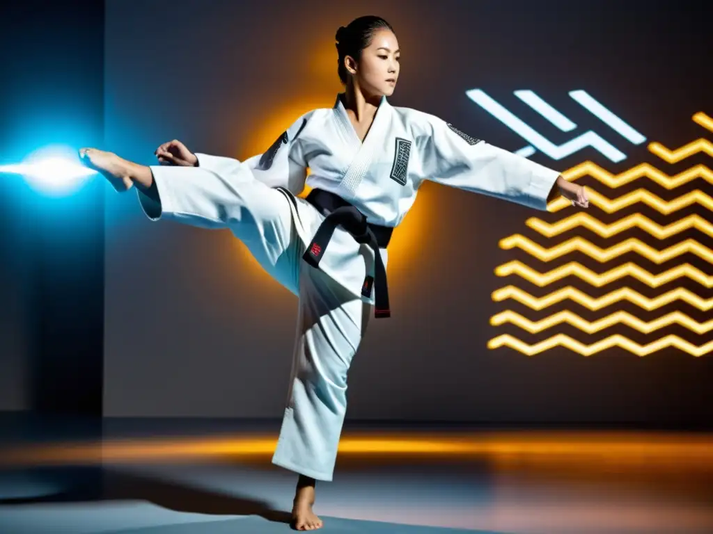 Practicante de karate con ropa inteligente para entrenamientos de karate, fusionando tradición y tecnología