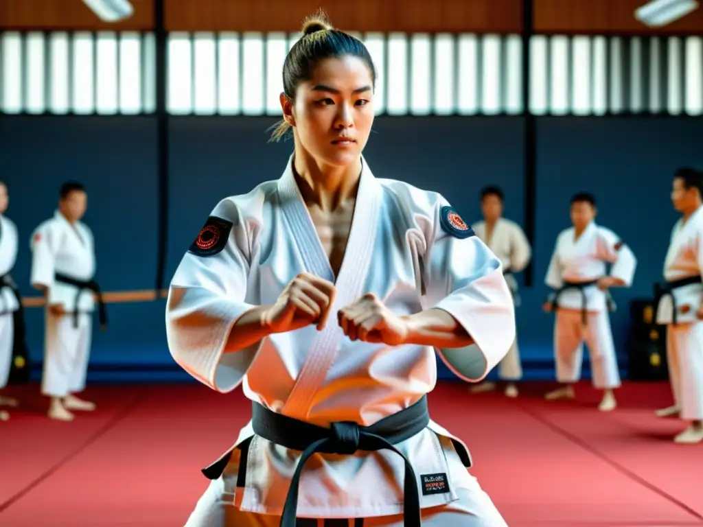 Practicante de karate con ropa inteligente para entrenamientos, fusionando tradición y tecnología en el dojo