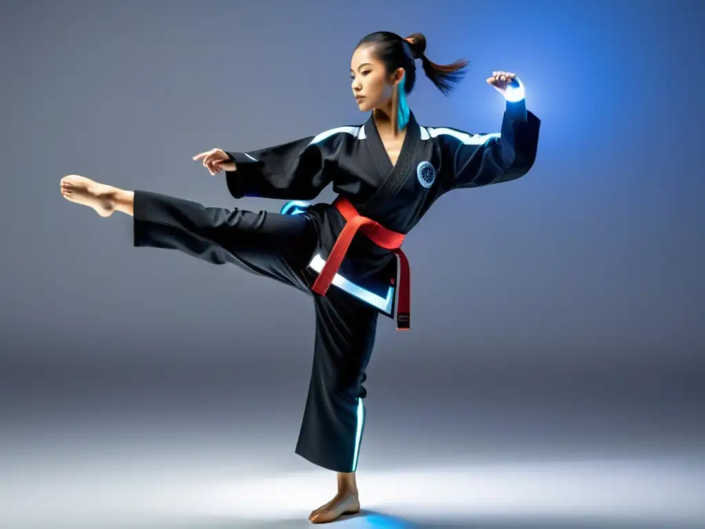 Un practicante de karate usa ropa inteligente para entrenamientos de karate, mostrando un diseño futurista en un dojo tradicional