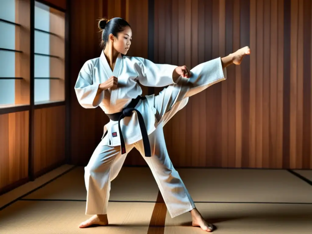 Un practicante de karate con ropa inteligente ejecuta un movimiento preciso en un dojo tradicional, fusionando tradición y tecnología