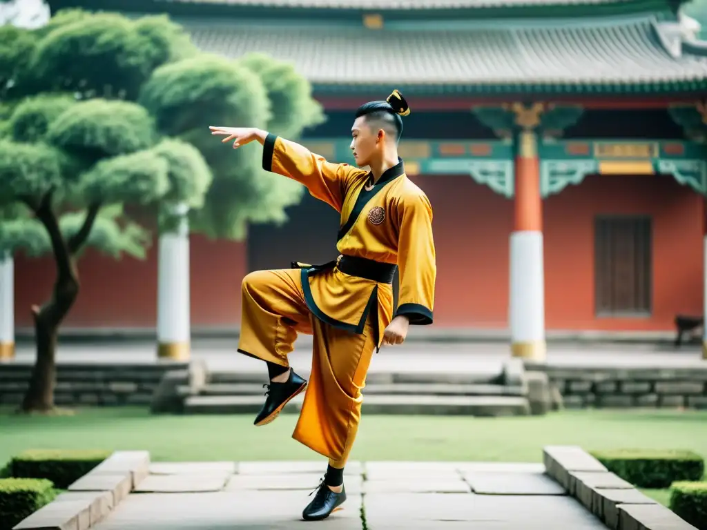 Un practicante de Wushu ejecuta un salto lateral impecable, destacando la gracia y destreza del arte marcial