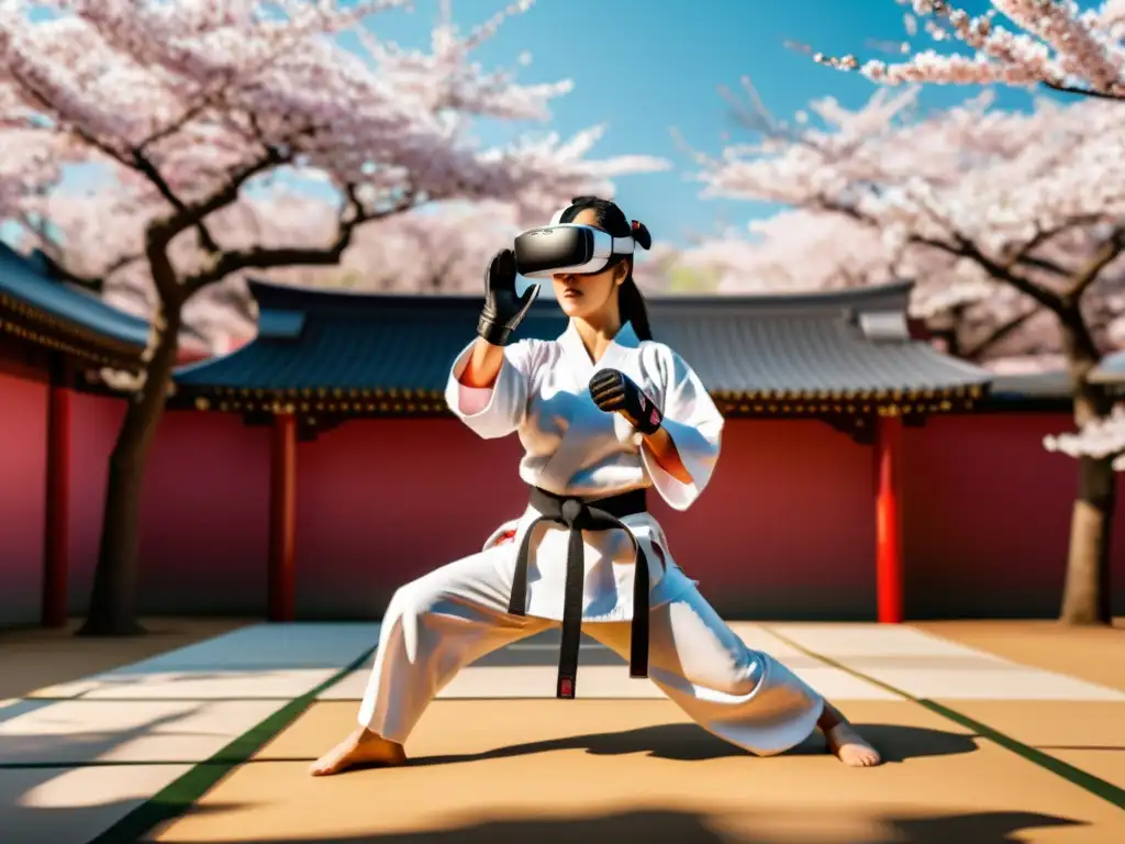 Un practicante de karate usa simuladores VR para perfeccionar katas en un entorno virtual detallado con árboles de cerezo en flor