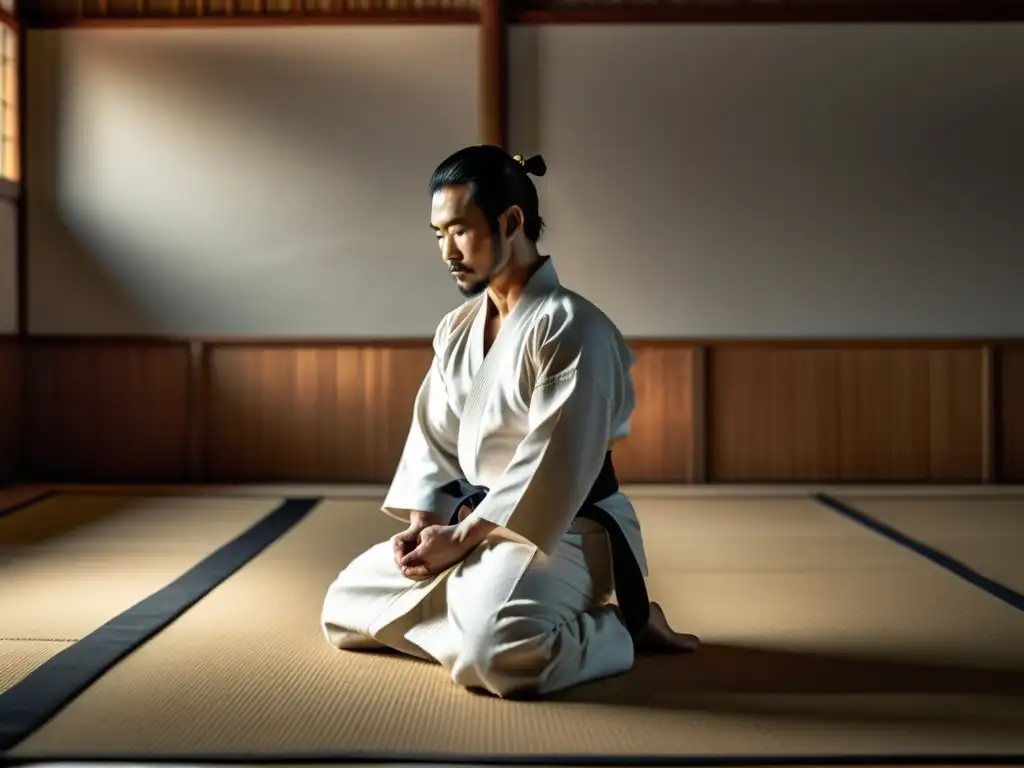 Un practicante solitario de Aikido ejecuta una técnica impecable en un dojo tranquilo, destacando la influencia del zen en las artes marciales