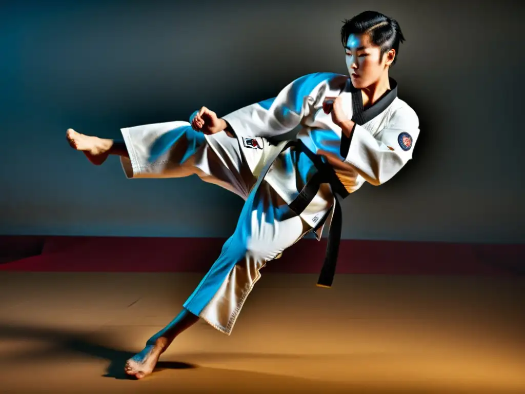 Un practicante de Taekwondo con cinturón negro ejecuta una potente patada giratoria, con determinación y enfoque intensos