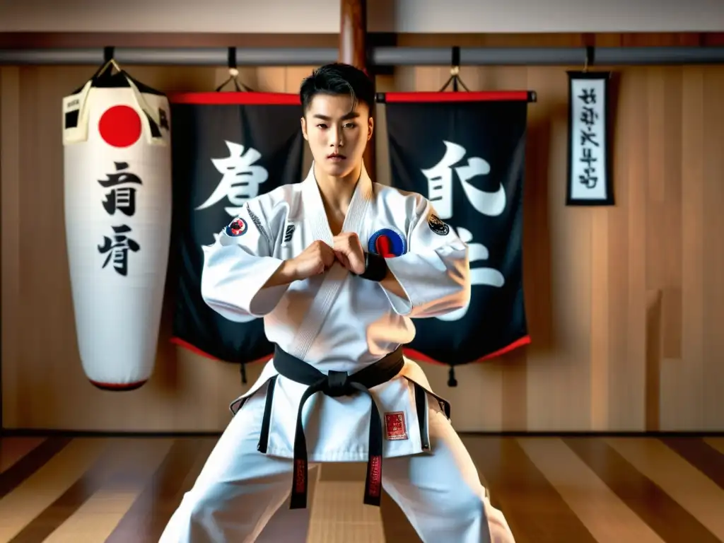 Un practicante de Taekwondo en un dobok blanco realiza una patada con expresión concentrada y respiración controlada en un dojo tradicional