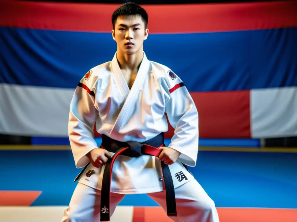 Un practicante de taekwondo en un dobok blanco, con cinturón rojo o azul, en una pose poderosa y enfocada en una arena de competición moderna