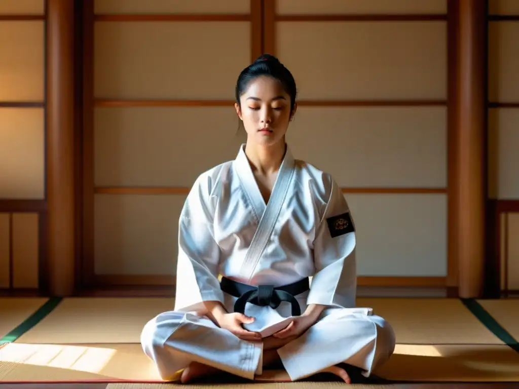 Un practicante de taekwondo medita en un dojo sereno, fusionando mindfulness y taekwondo