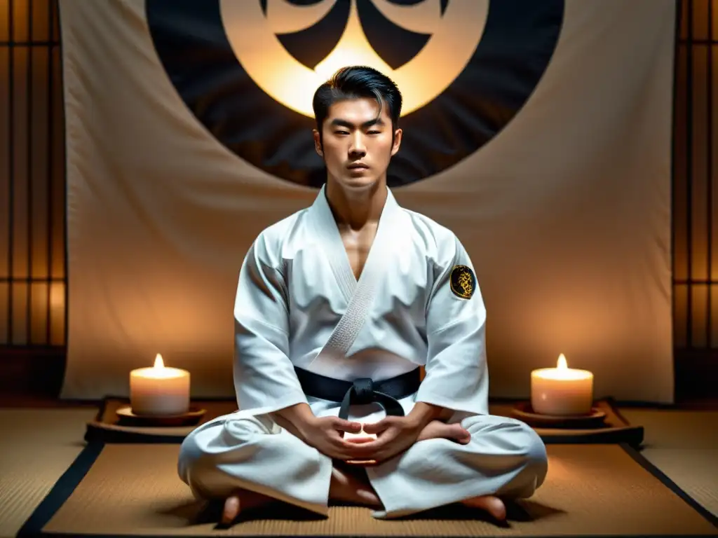 Armonía y fuerza: Practicante de Taekwondo meditando en dojo Un practicante de Taekwondo medita en un dojo tradicional, rodeado de velas y con incienso, irradiando paz y fuerza interior