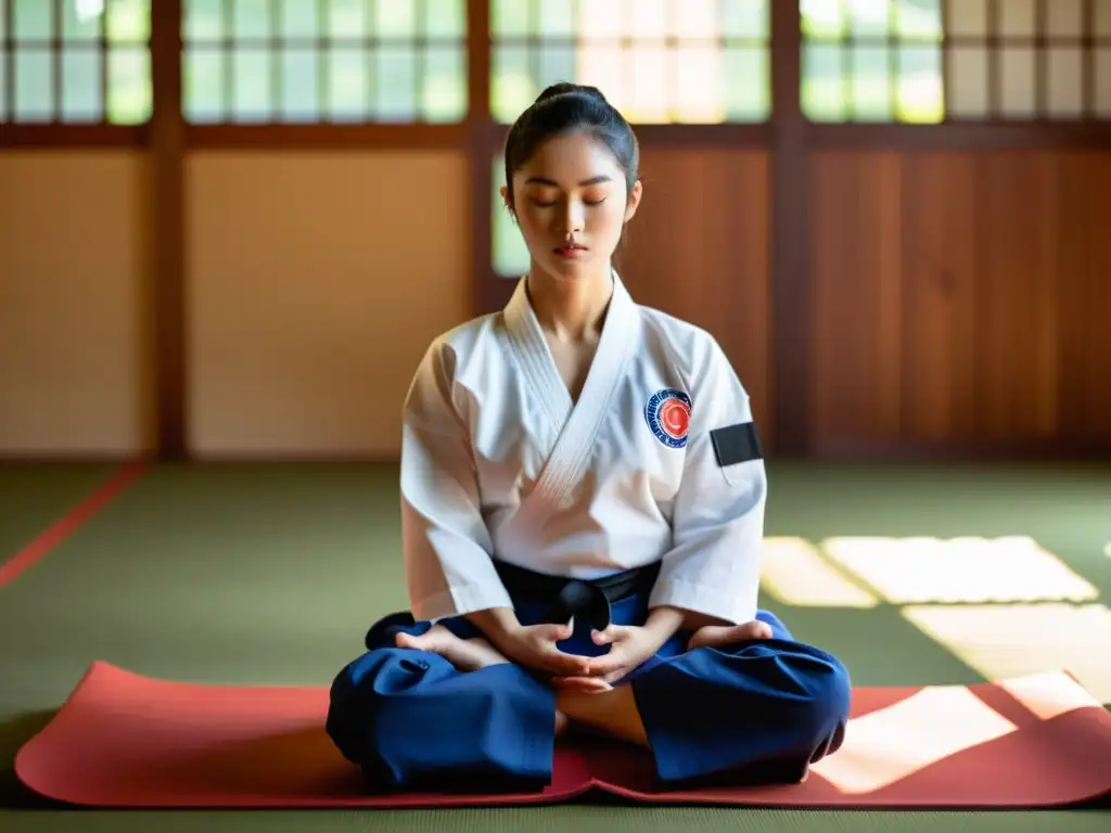 Un practicante de Taekwondo medita en un dojo tranquilo, aplicando mindfulness al Taekwondo