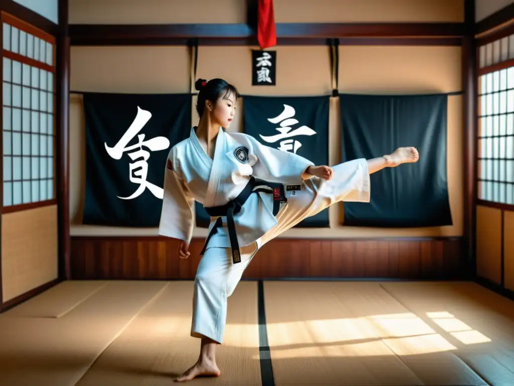 Un practicante de taekwondo ejecuta un impecable roundhouse kick en un dojo tradicional, mostrando la influencia del taekwondo en autodefensa