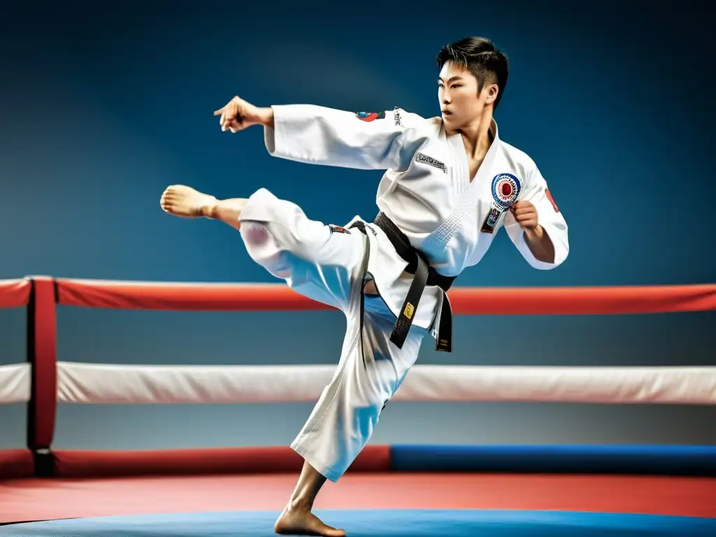 Un practicante de taekwondo ejecuta un impresionante salto con patada giratoria, reflejando la fuerza y precisión de la técnica