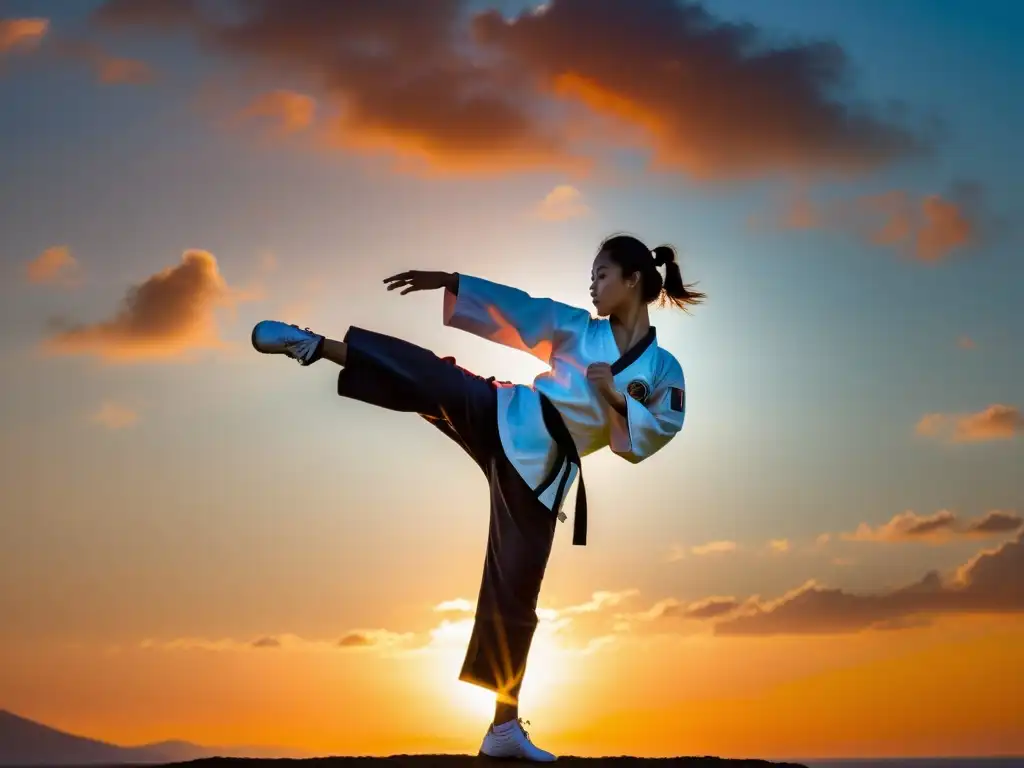 Un practicante de taekwondo realiza una patada alta al atardecer, mostrando flexibilidad y fuerza