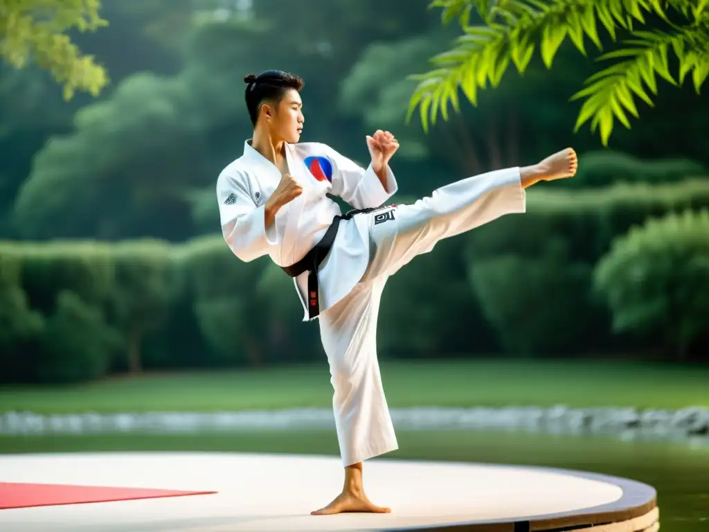 Practicante de Taekwondo ejecuta una patada voladora con concentración intensa y técnica precisa en un entorno tranquilo