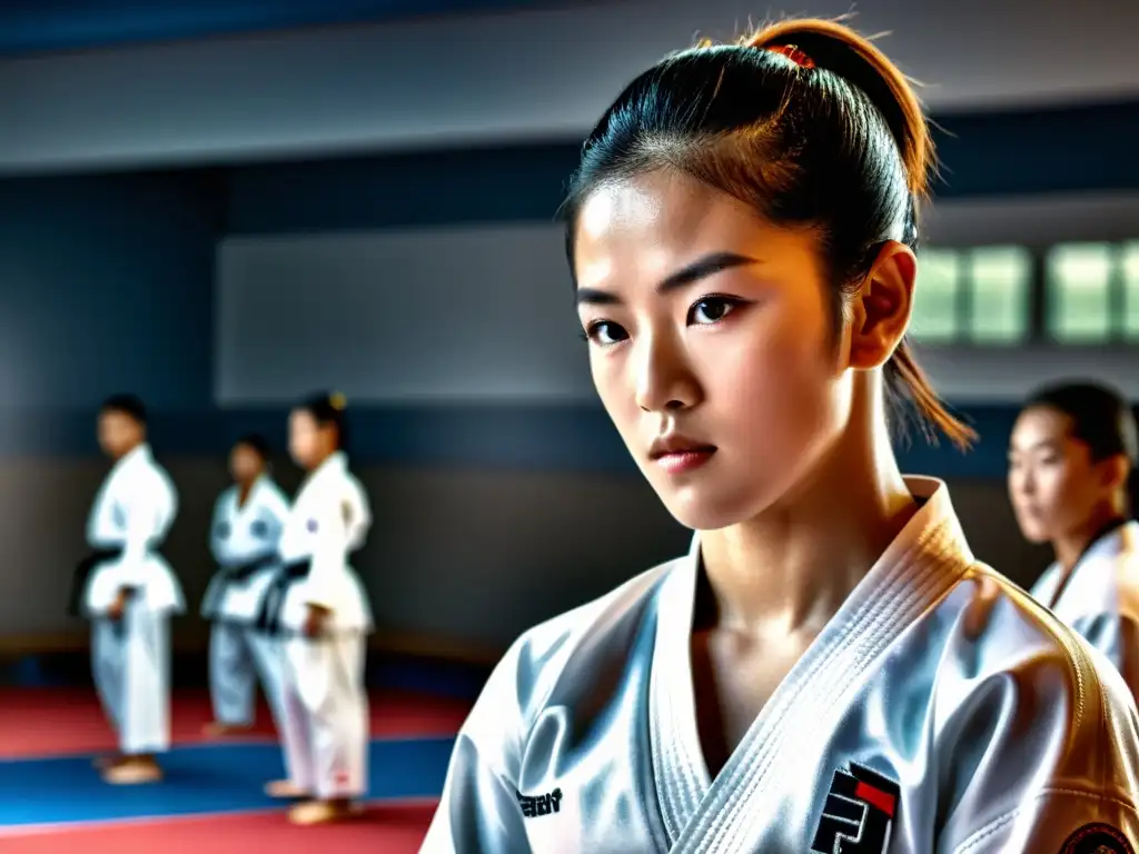 Un practicante de Taekwondo en pleno entrenamiento, con un brillo de sudor en la frente y determinación en la mirada