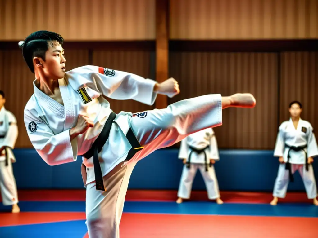 Un practicante de Taekwondo ejecuta un poderoso patada, con enfoque y concentración