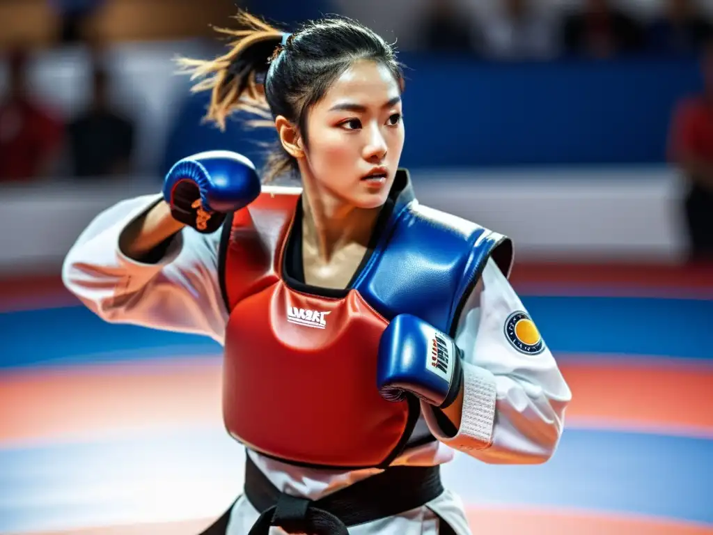 Un practicante de taekwondo con un protector de tórax ejecutando un potente golpe, destacando la concentración y la intensidad del entrenamiento