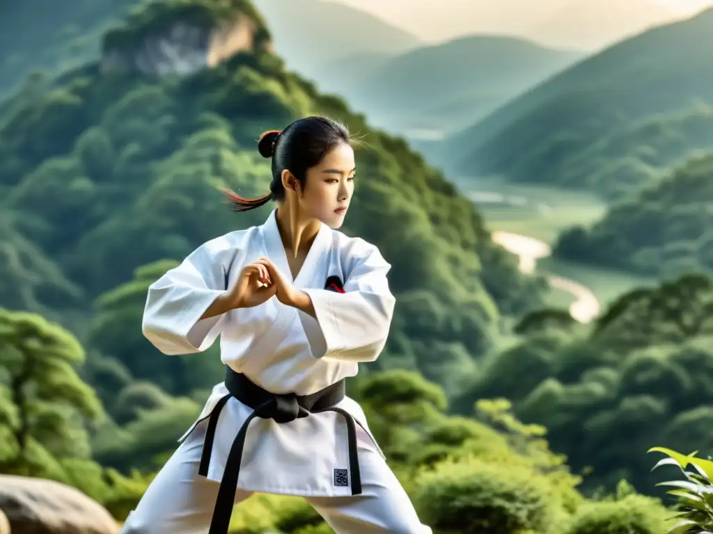 Pumsae de Taekwondo en Bosque Sereno Practicante de taekwondo ejecutando Pumsae en un entorno sereno y majestuoso