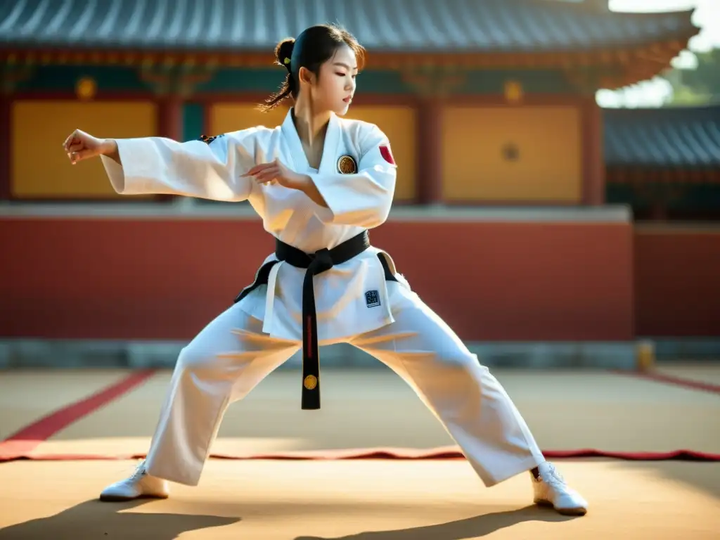 Maestría en Taekwondo: Ejecución Precisa y Elegante en Pumsae Un practicante de taekwondo ejecutando pumsae con precisión y gracia en un dojang al aire libre