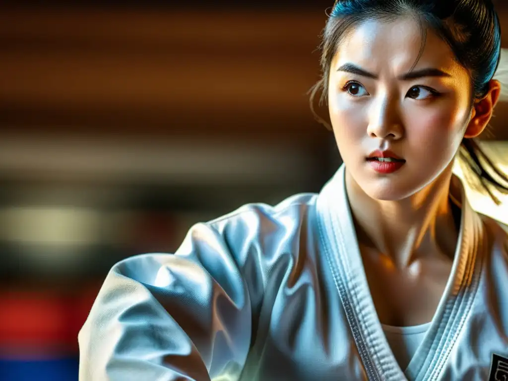 Maestría en Pumsae: Concentración y precisión en taekwondo Un practicante de taekwondo ejecuta un pumsae perfecto, con precisión y concentración