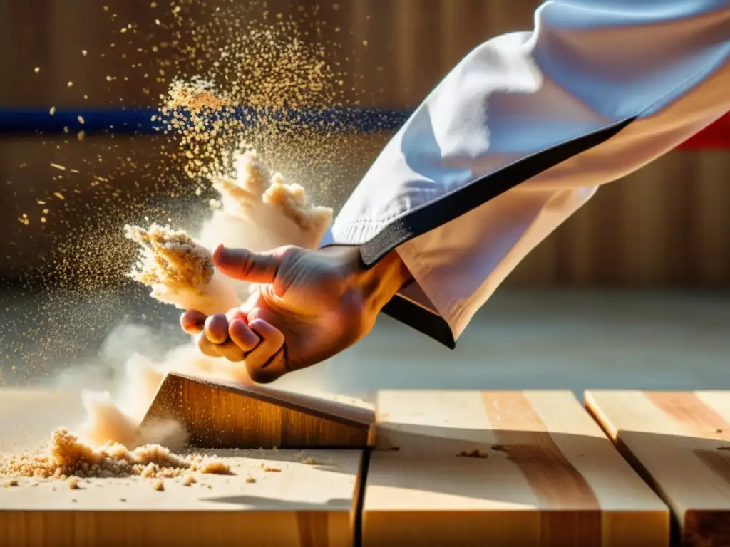 Un practicante de taekwondo rompe una tabla con técnicas de kyukpa, mostrando fuerza, determinación y precisión en el golpe