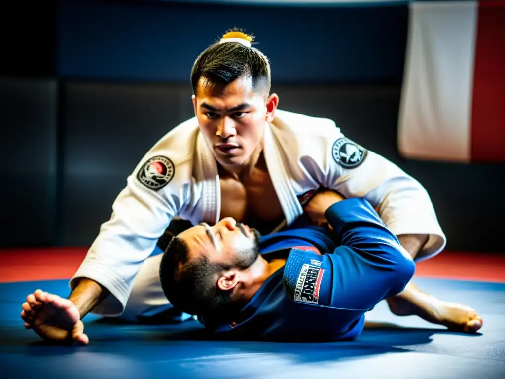 Un practicante de JiuJitsu muestra determinación y técnica en un intenso combate, destacando la energía y la disciplina en el dojo