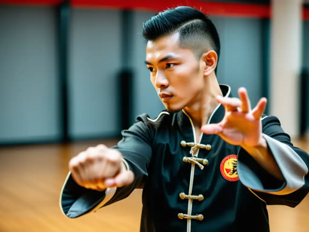 Practicante de Wing Chun demostrando técnica y velocidad en estudio de entrenamiento iluminado