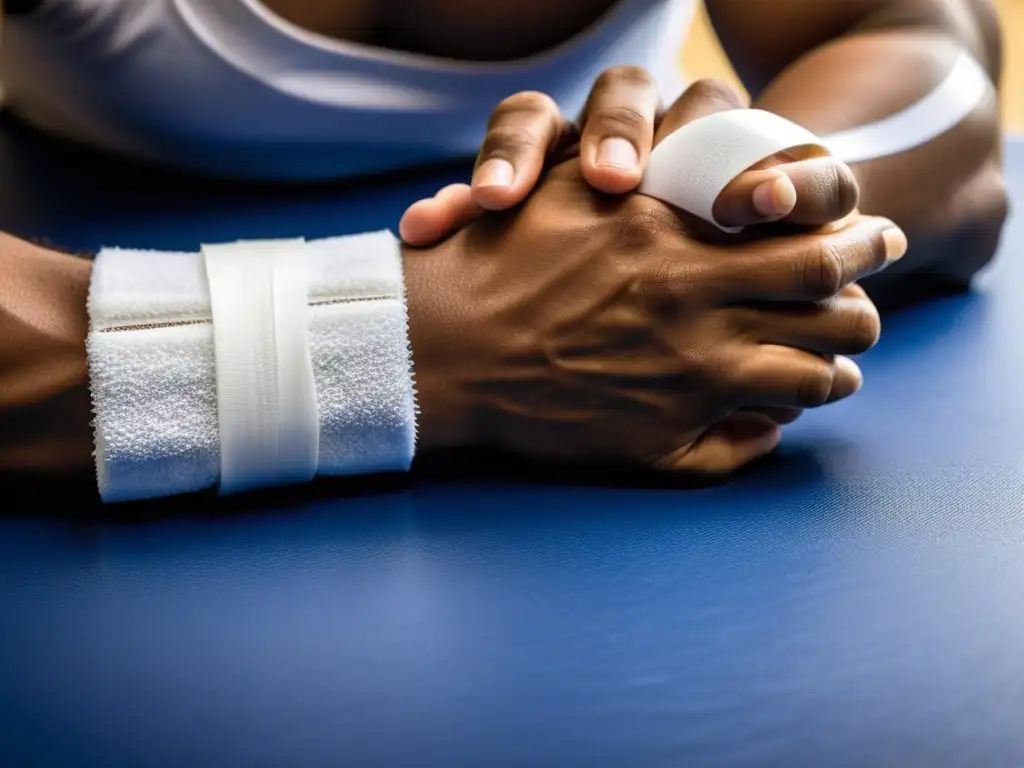 Un practicante de Brazilian JiuJitsu mostrando la técnica de vendaje de manos para la recuperación de lesiones