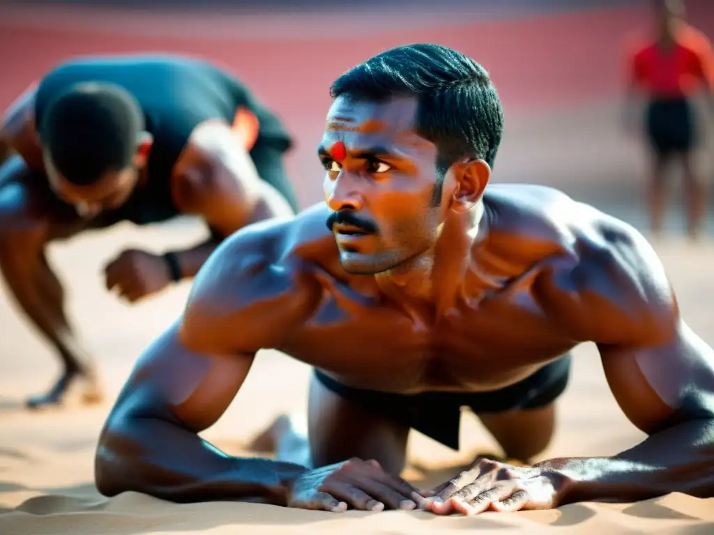 Practicante de Kalaripayattu ejecuta técnicas efectivas de autodefensa con intensidad y habilidad en un tradicional campo de entrenamiento