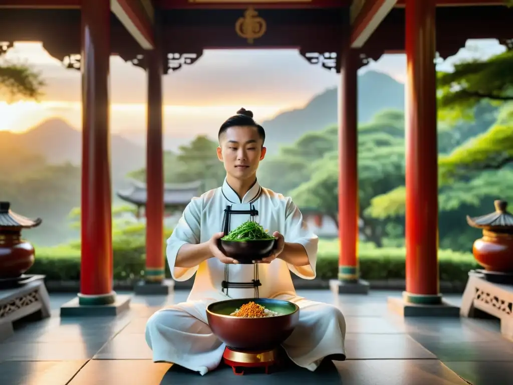 Un practicante de Kung Fu medita en un templo chino al amanecer, con una reconfortante alimentación para entrenamiento Kung Fu