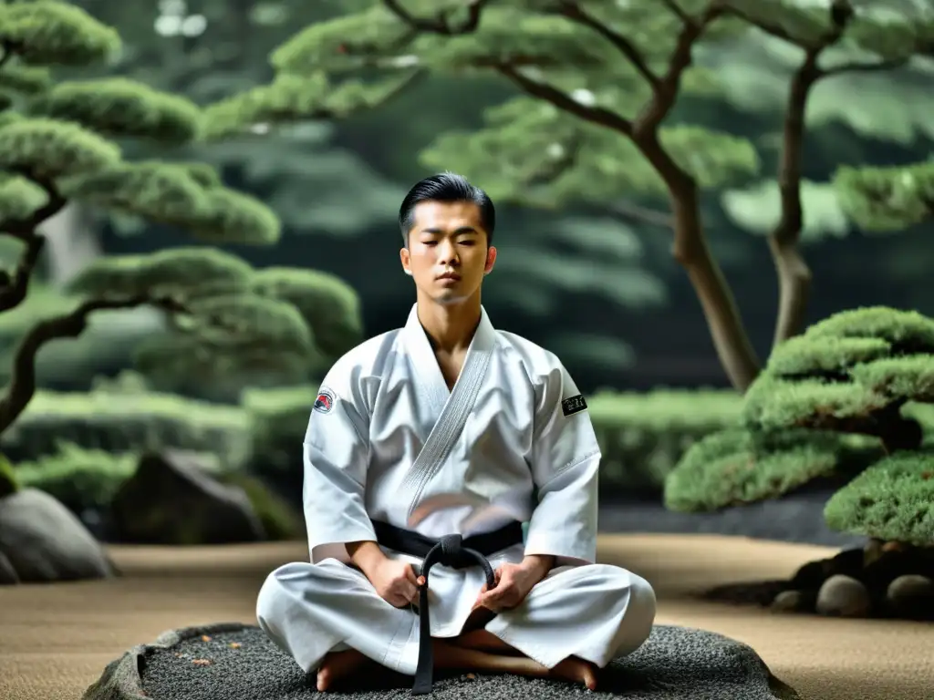 Un practicante de karate en gi tradicional, meditando en un jardín japonés, reflejando el impacto del zen en artes marciales