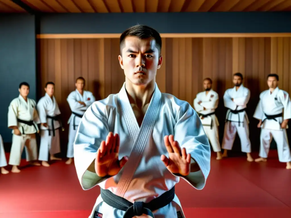 Karate: Determinación y Concentración en el Dojo Un practicante de karate en un gi tradicional, listo para atacar, mostrando fortaleza mental en combate karate, rodeado de compañeros en el dojo