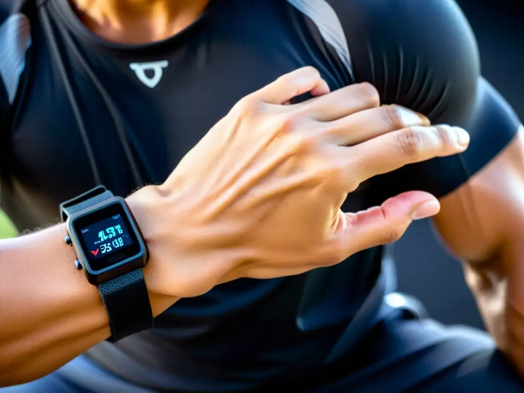 Practicante de Brazilian JiuJitsu con un wearable de última generación, concentrado en el entrenamiento con su compañero en un dojo lleno de energía