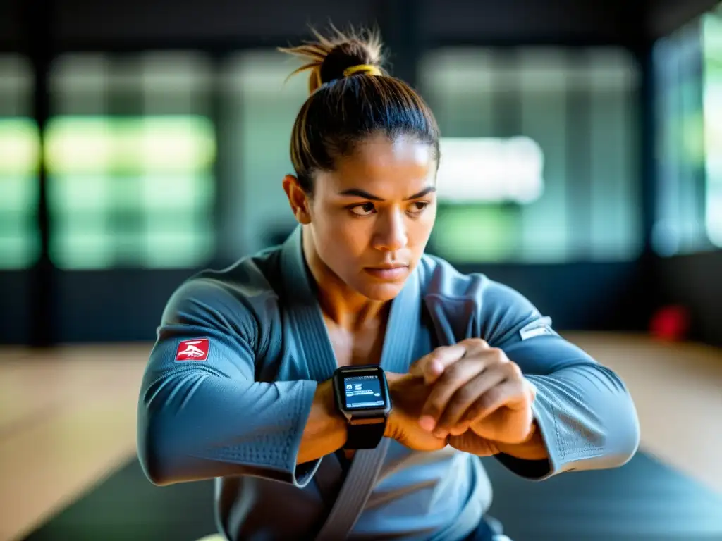 Un practicante de Brazilian Jiu-Jitsu usando un wearable mientras entrena con determinación en un gimnasio de BJJ