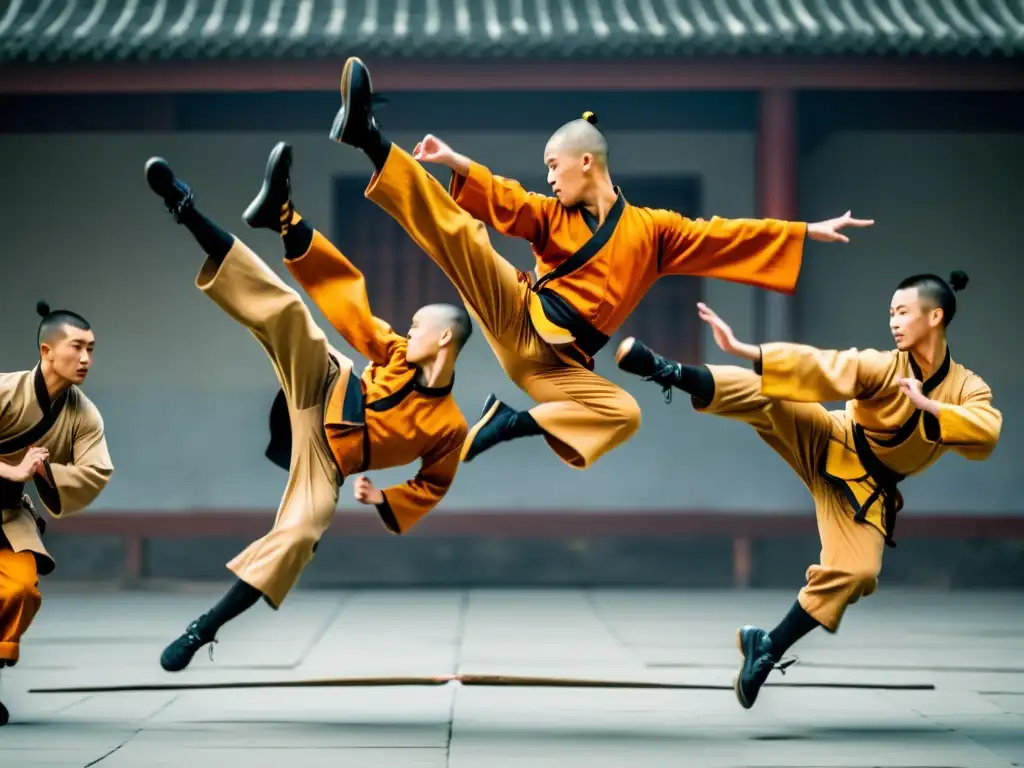 Practicantes de Shaolin Kung Fu ejecutan acrobacias sincronizadas en el aire, demostrando fuerza, agilidad y disciplina