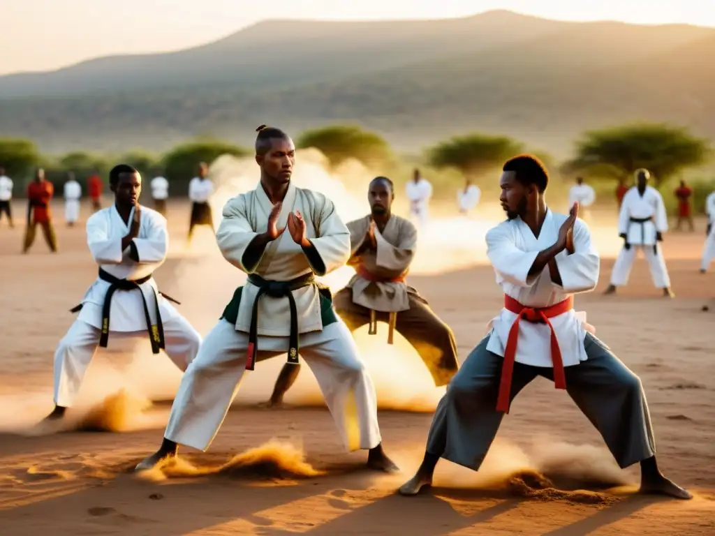 Practicantes de karate africanos en un entorno polvoriento al atardecer, demostrando fuerza y disciplina